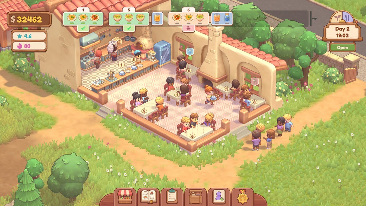 Farm & Feast restaurant at dusk: numbered tables, chefs in the kitchen, and a waitress carrying a tray